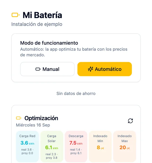 Pantalla «Mi batería» de la app de LibertyGrid en modo automático, con el plan de carga y descarga del día. Datos de ejemplo.