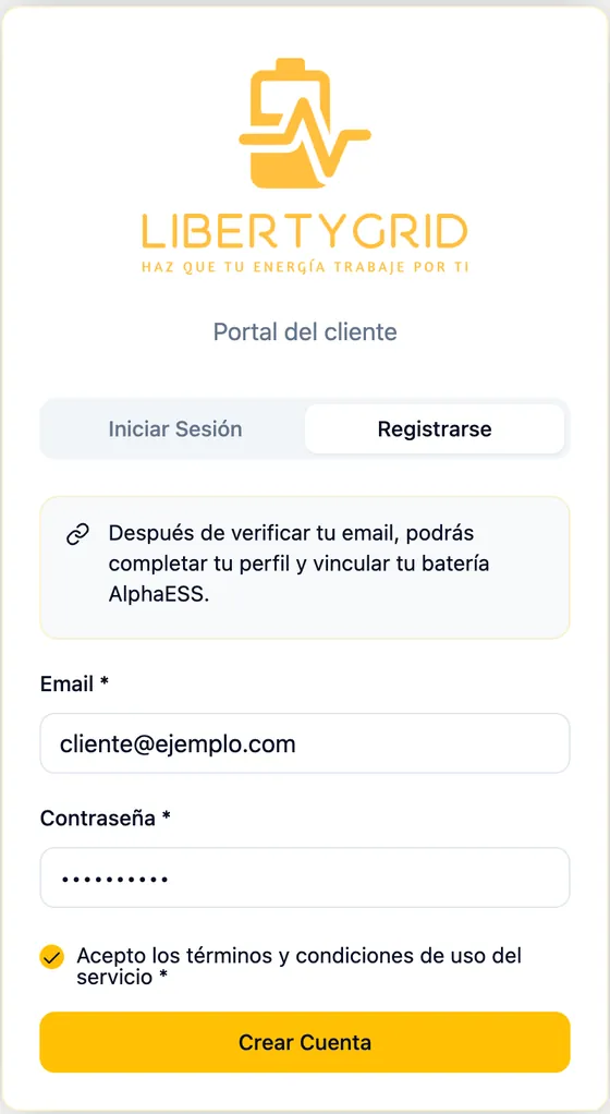 Pantalla de registro de la plataforma de LibertyGrid, con la pestaña «Registrarse» abierta. Datos de ejemplo.